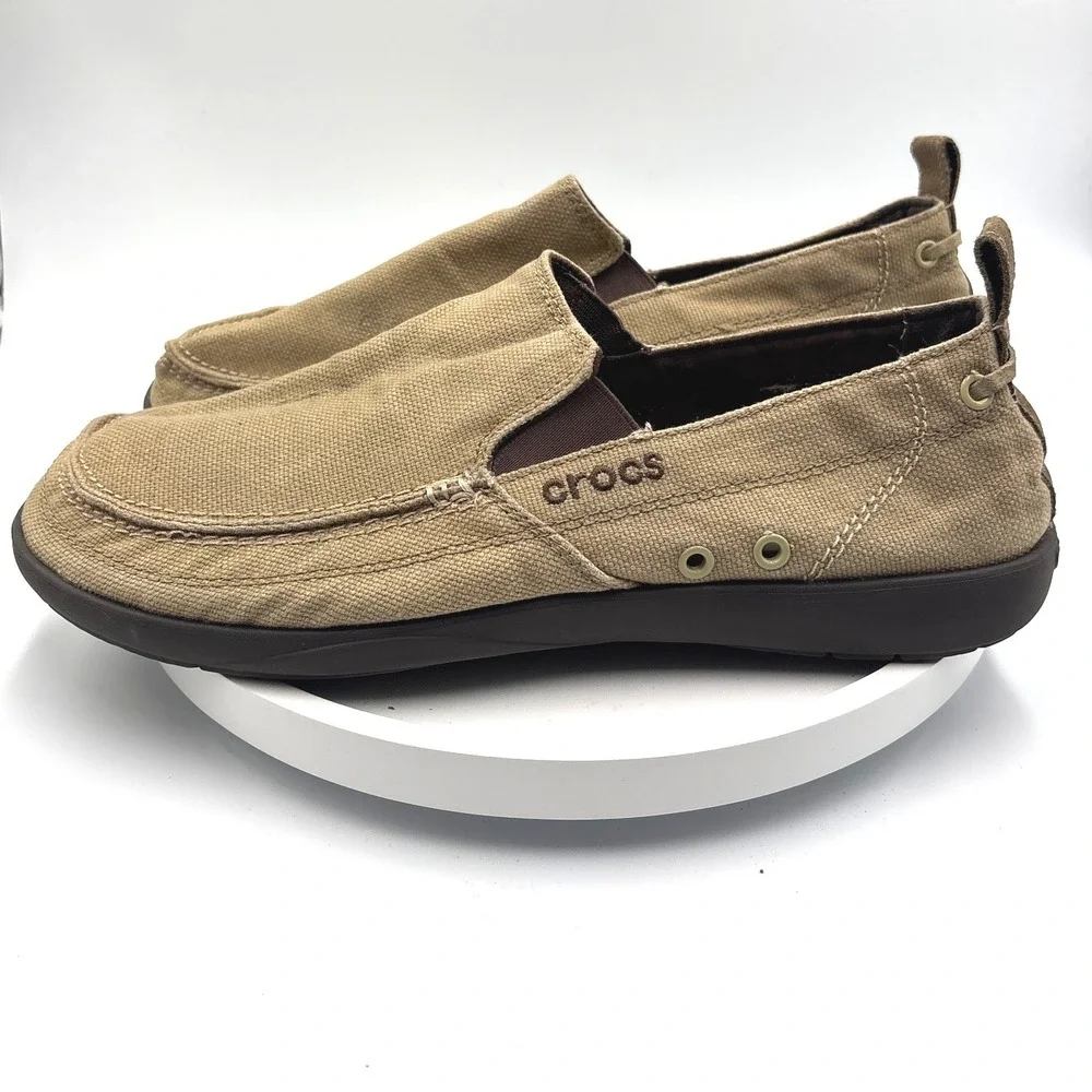 Crocs Santa Cruz Mens Khaki Canvas Slip On Loafers Size M12 Tan 11270